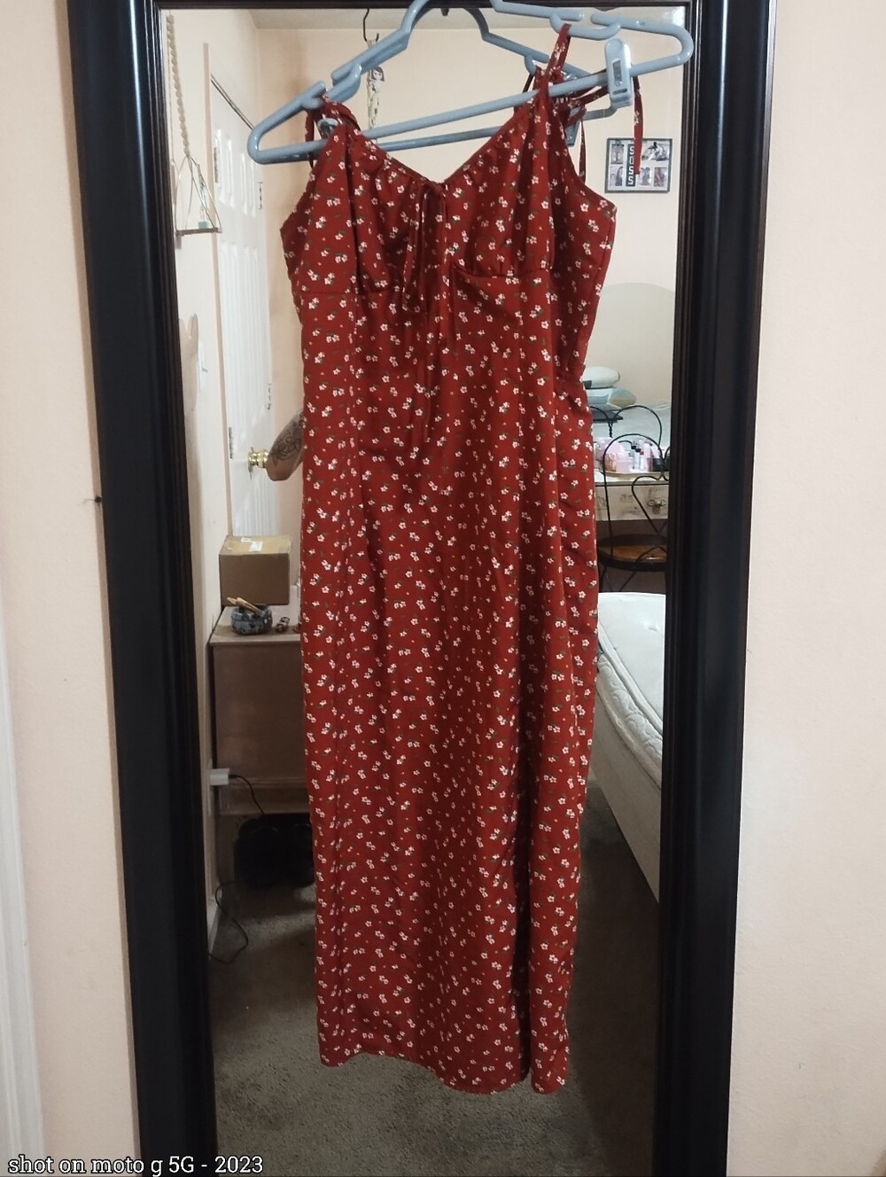 SHEIN Rust Red Floral Midi Dress with Tie Straps